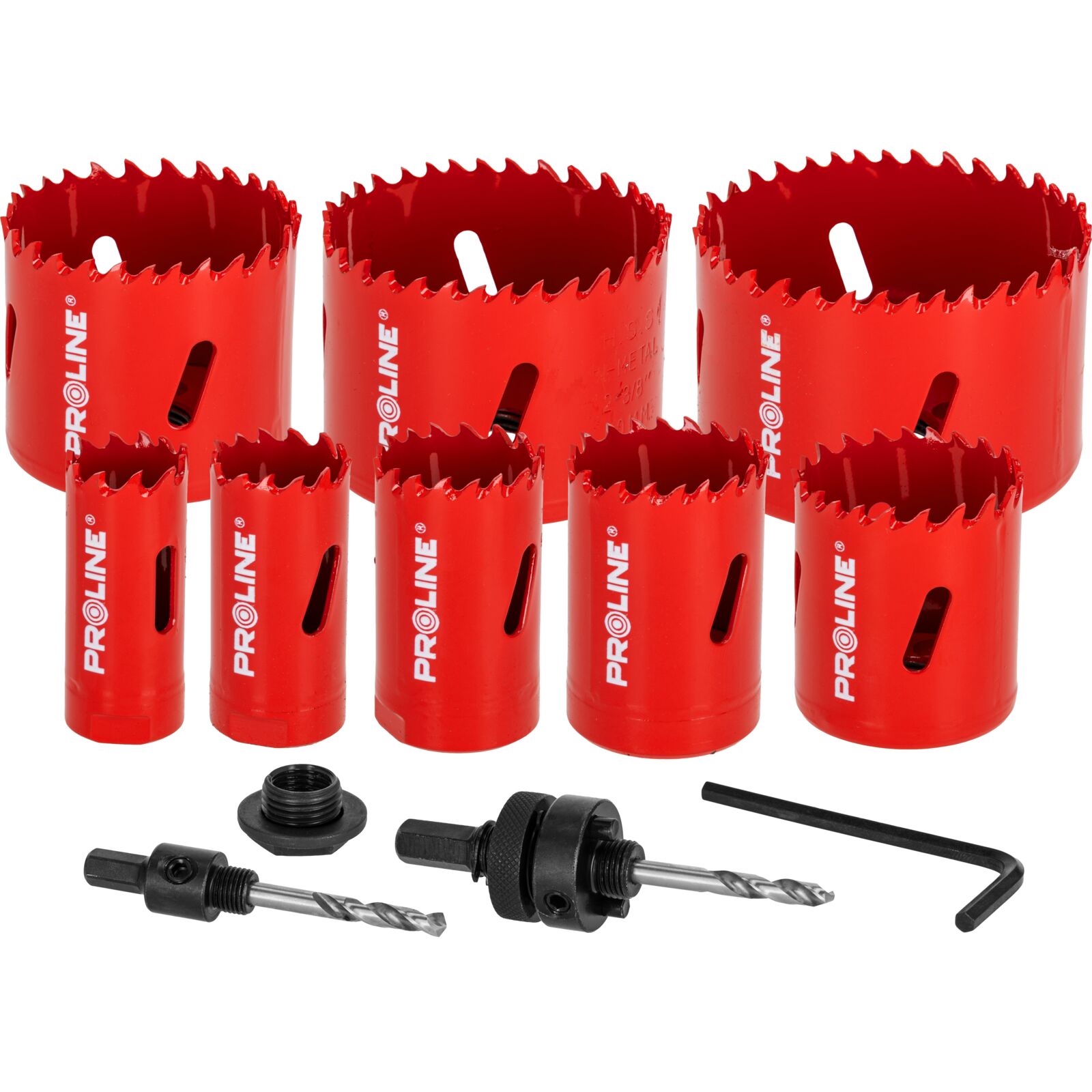 Bi-Metal Hole Saw set 8 Pieces 22-68 mm, HSS M3 Teeth, 2 Adapters, Pilot Bit, 38 mm Drilling Depth, 4/6 TPI, Alloy Spring Steel, Proline