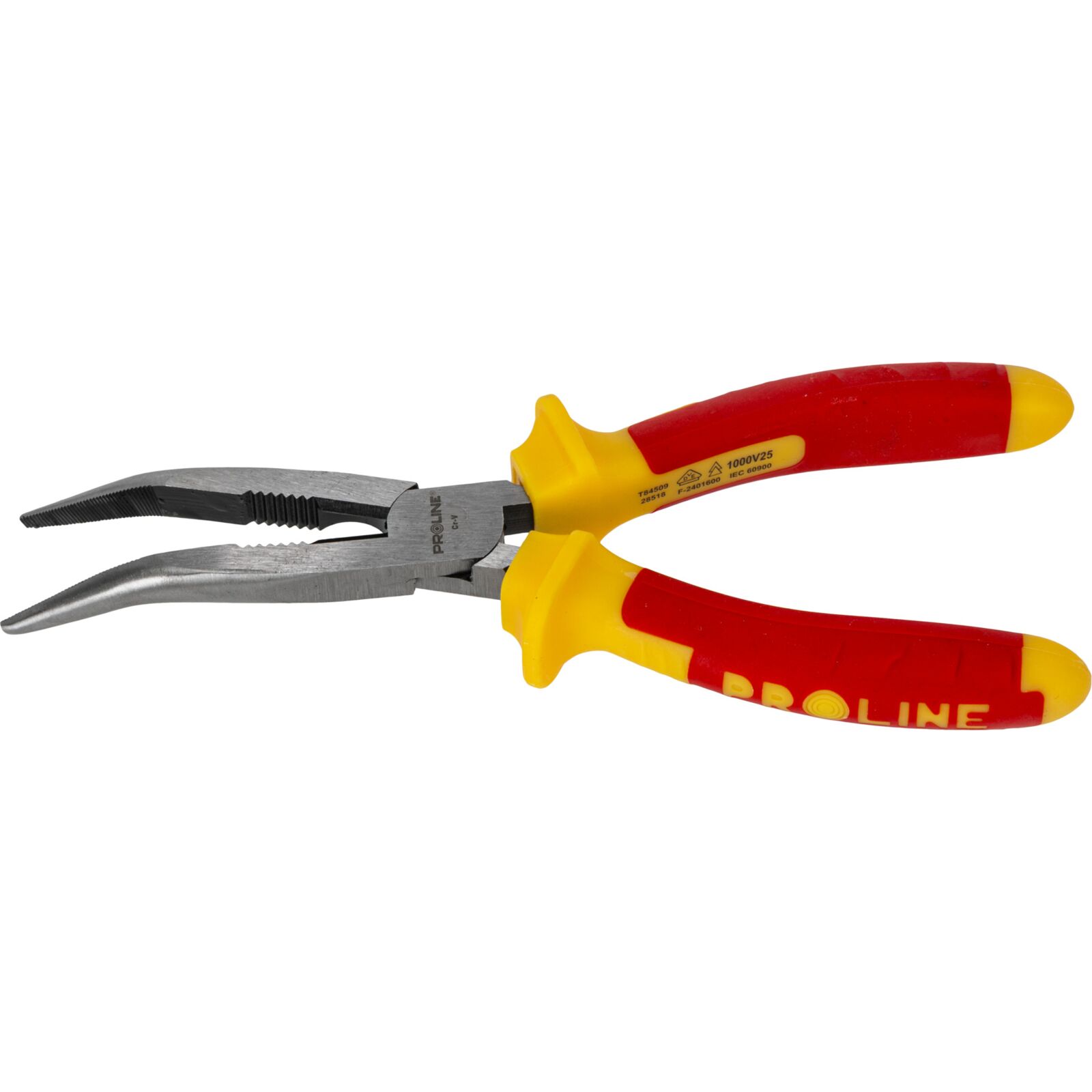 Bent Flat Nose Pliers 200 mm 1000V with Side Cutter, Textured Grip, Rounded Jaw, Proline