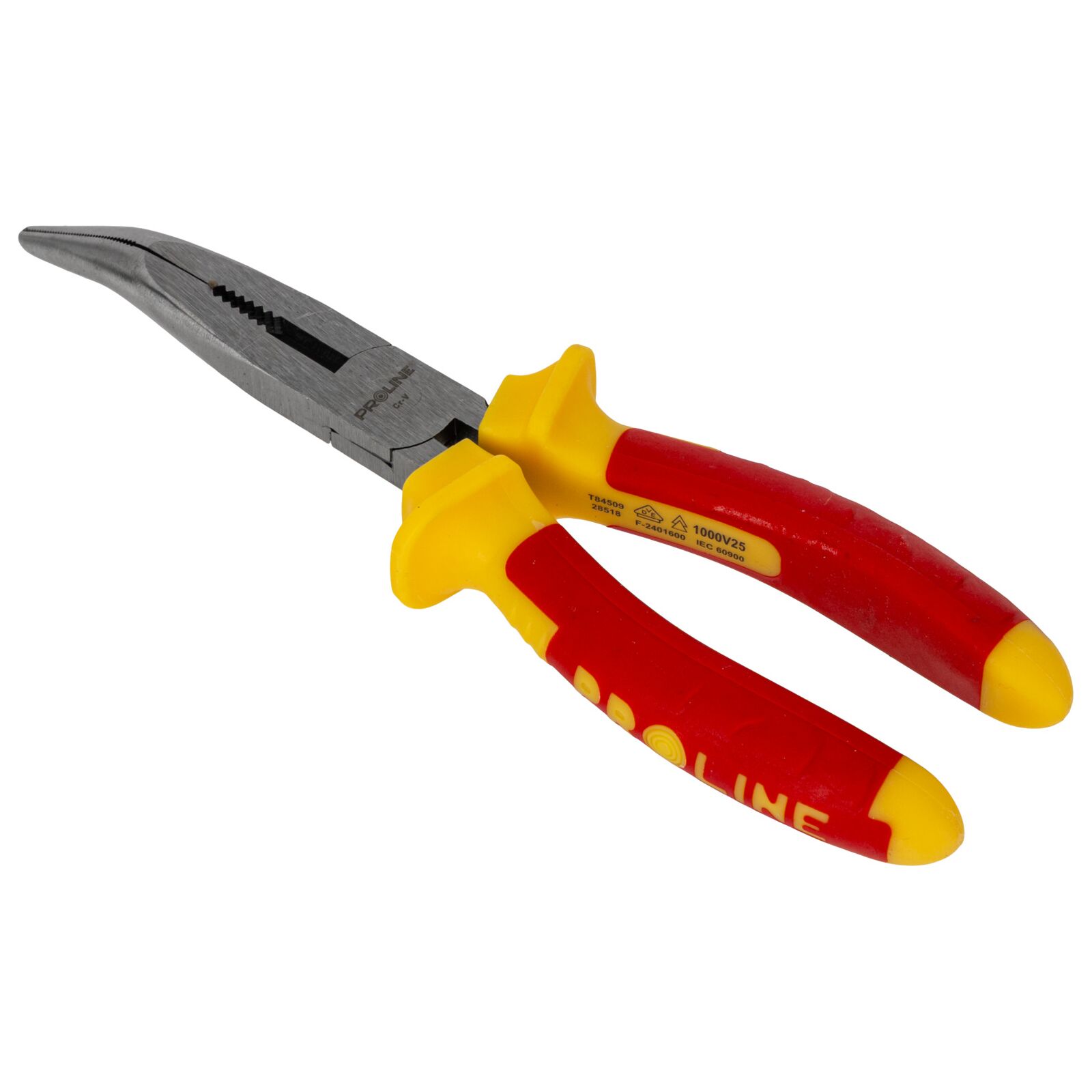Bent Flat Nose Pliers 200 mm 1000V with Side Cutter, Textured Grip, Rounded Jaw, Proline