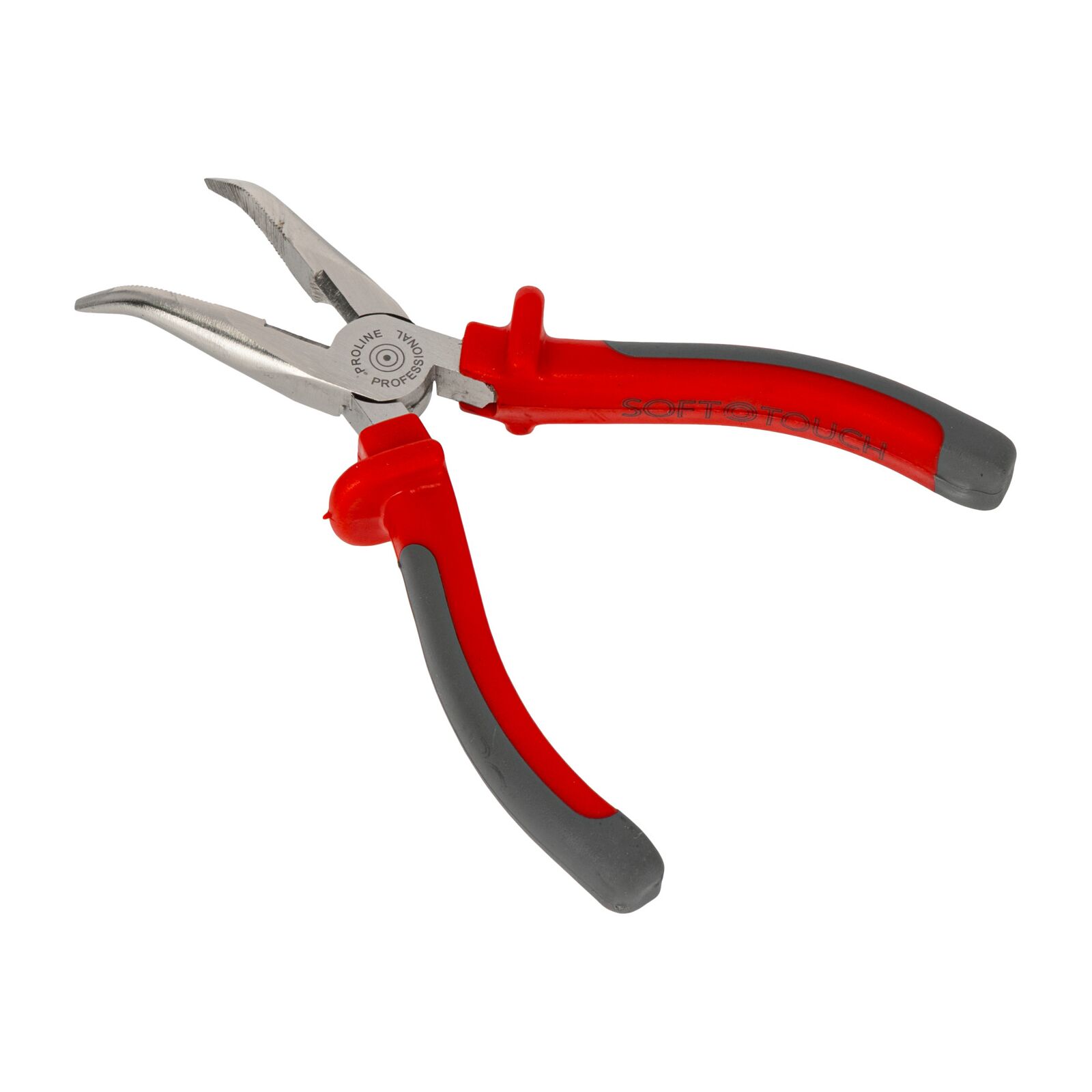Bent Snipe Nose Pliers 160 mm, Textured Jaws, Drop Forged, Hardened, Side Cutting Edges, Satin Finish, Heavy Duty, Grey Plastic and Dark Blue Rubber Grip, Proline