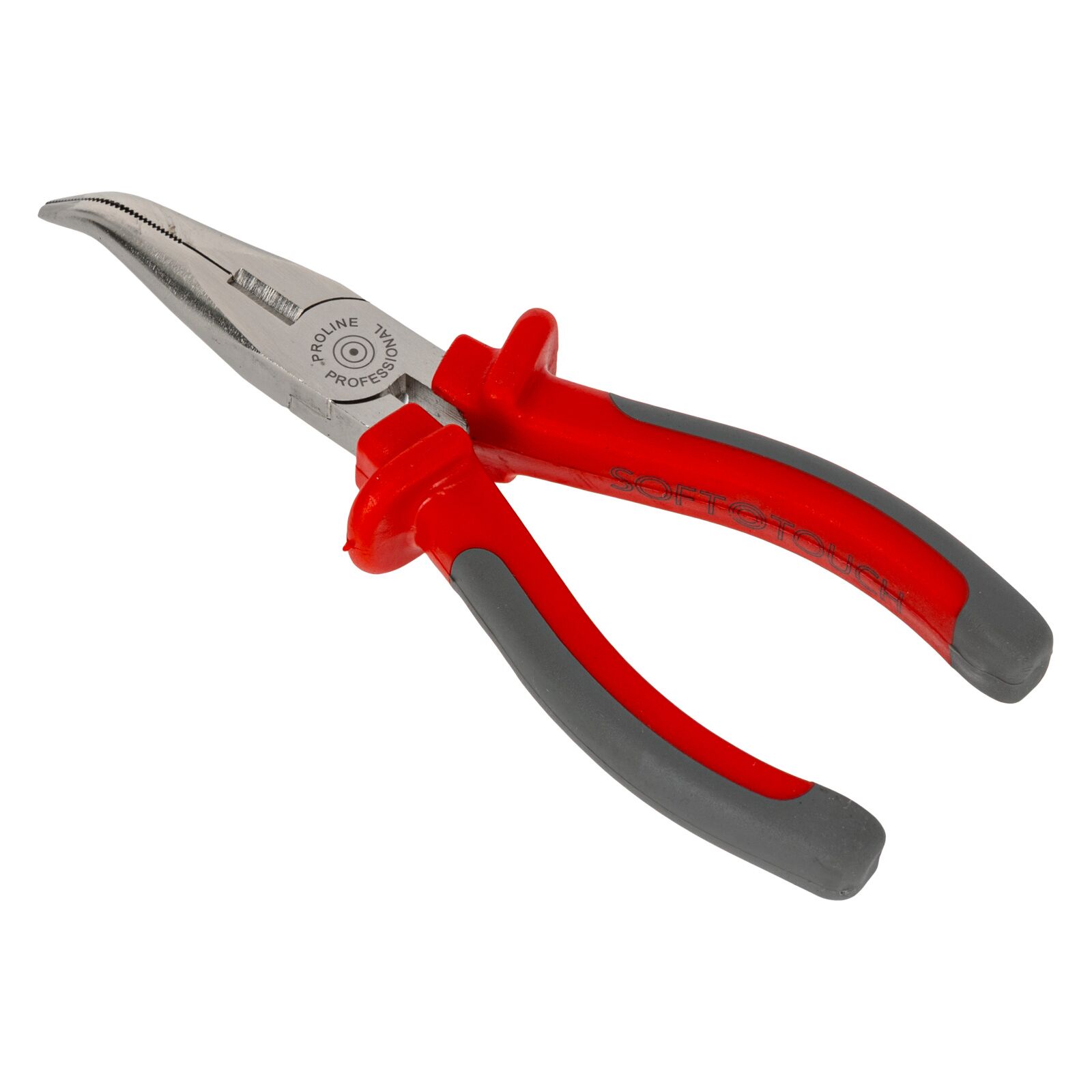 Bent Snipe Nose Pliers 160 mm, Textured Jaws, Drop Forged, Hardened, Side Cutting Edges, Satin Finish, Heavy Duty, Grey Plastic and Dark Blue Rubber Grip, Proline