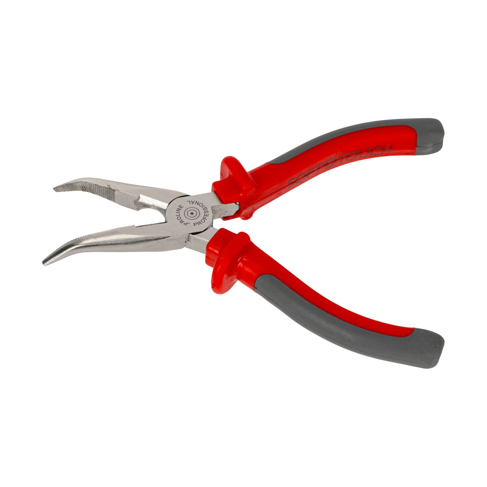 Bent Snipe Nose Pliers 160 mm, Textured Jaws, Drop Forged, Hardened, Side Cutting Edges, Satin Finish, Heavy Duty, Grey Plastic and Dark Blue Rubber Grip, Proline