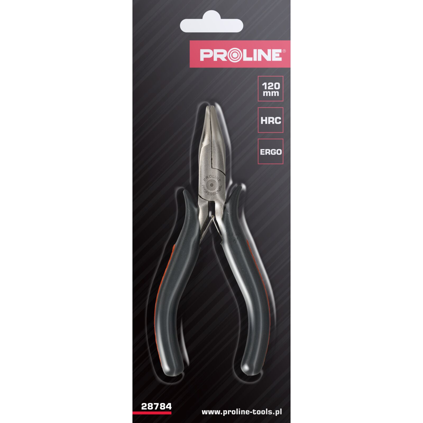Bent Nose Mini Pliers 120 mm, Drop Forged, Hardened, Flat Spring, Satin Finish, Red Plastic with Black Anti-Slip Material, Proline