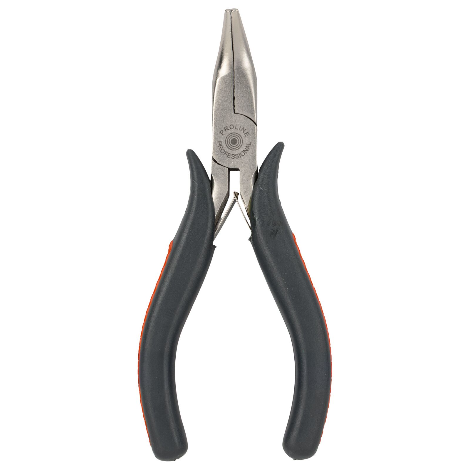 Bent Nose Mini Pliers 120 mm, Drop Forged, Hardened, Flat Spring, Satin Finish, Red Plastic with Black Anti-Slip Material, Proline
