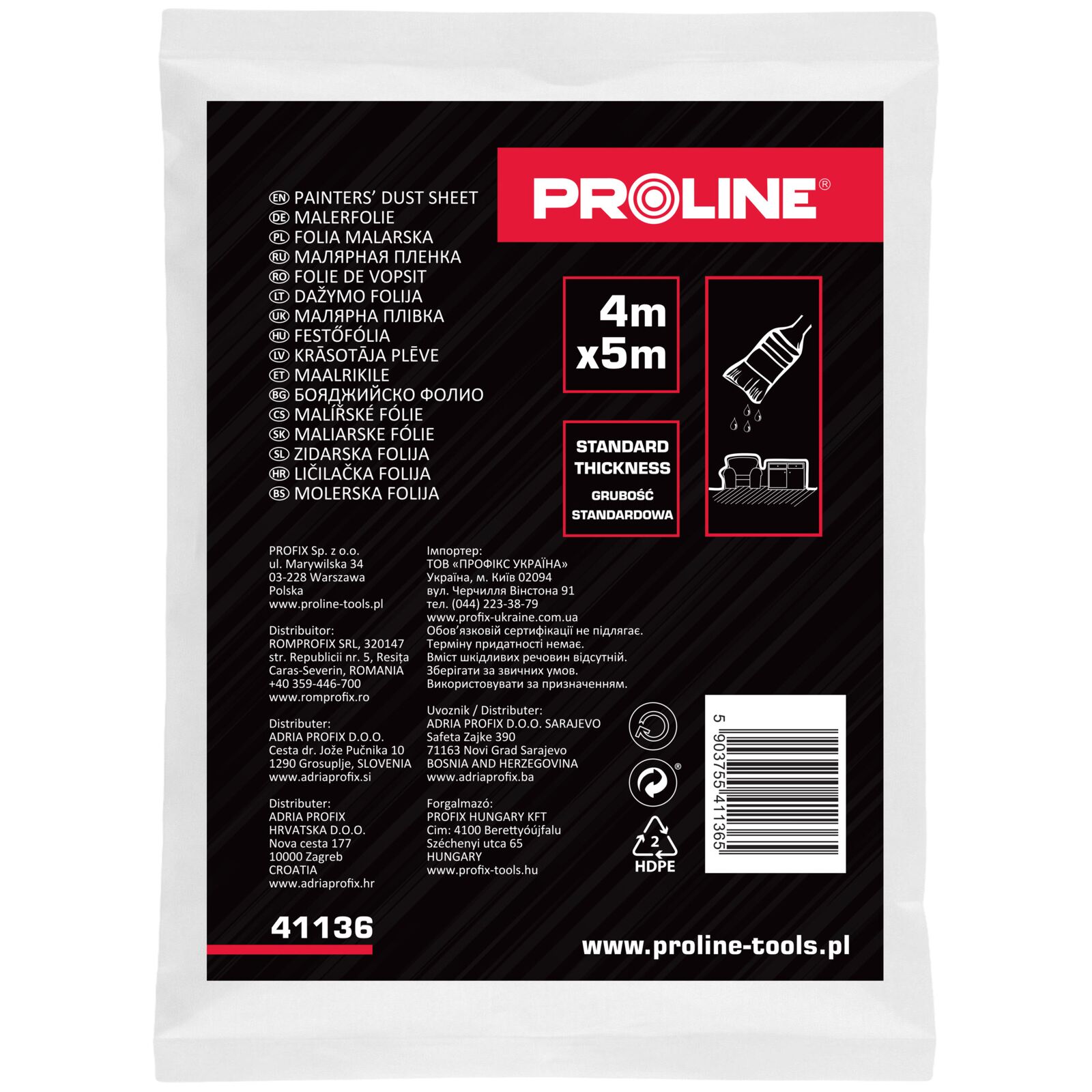 Painters Dust Sheets, Thin, 4 x 5m, HDPE, Proline