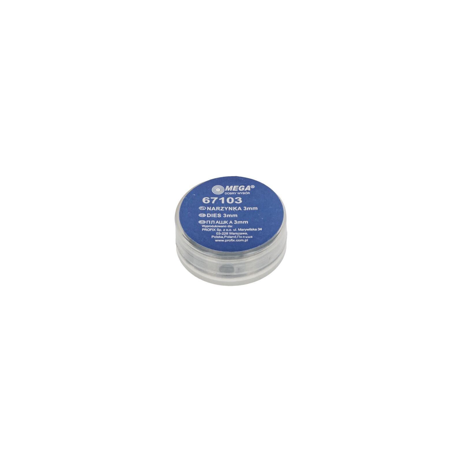 Dies. Carbon Steel. Packed in Round Transparent Plastic Box with Label with Description Etc. Size 3 mm.
