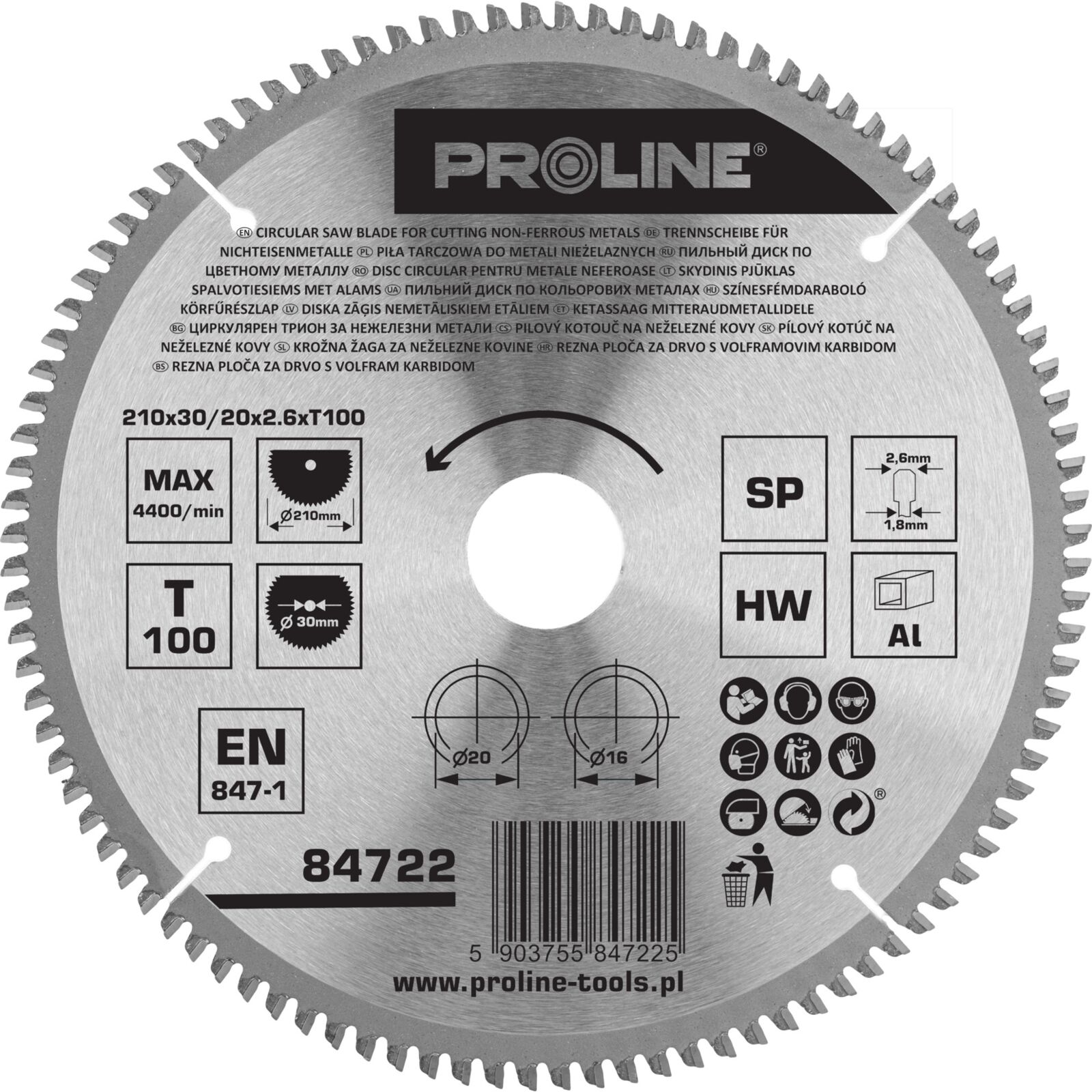 Circular Saw for Non-Ferrous Metals 210 mm, 100T, 30 mm, Proline