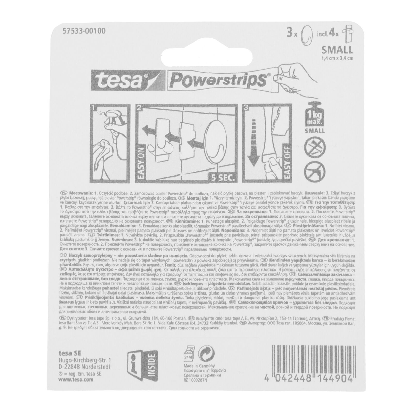 Self-adhesive hooks 3 pcs., small, white | Tesa
