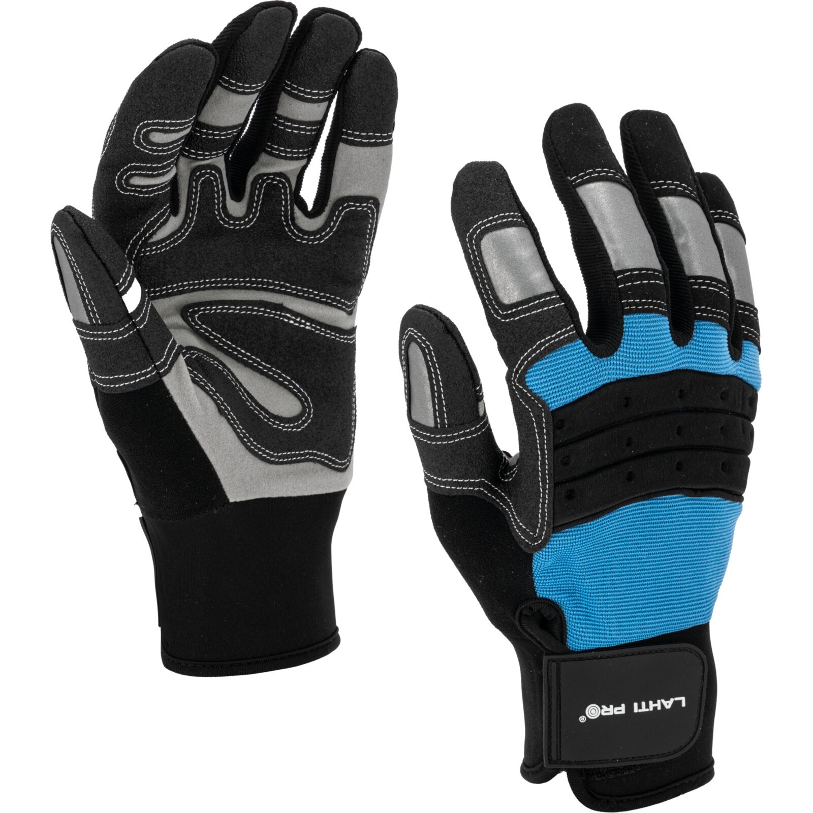 Handskar för mekaniker, st. 9, svart-blå, med reflex, spandex, PVC, CE, EN 420, LAHTI PRO L2807