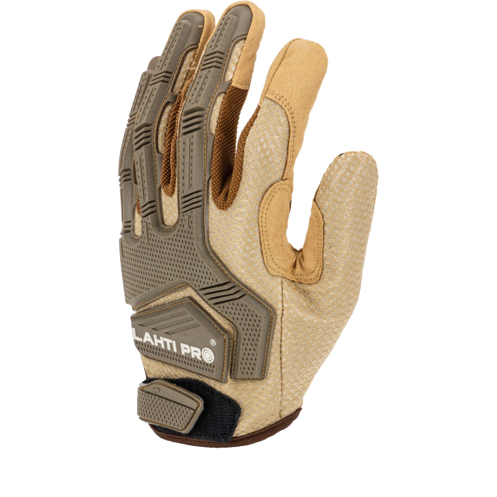 Synthetic leather gloves, mechanic gloves, brown, TPR CE, LAHTI
