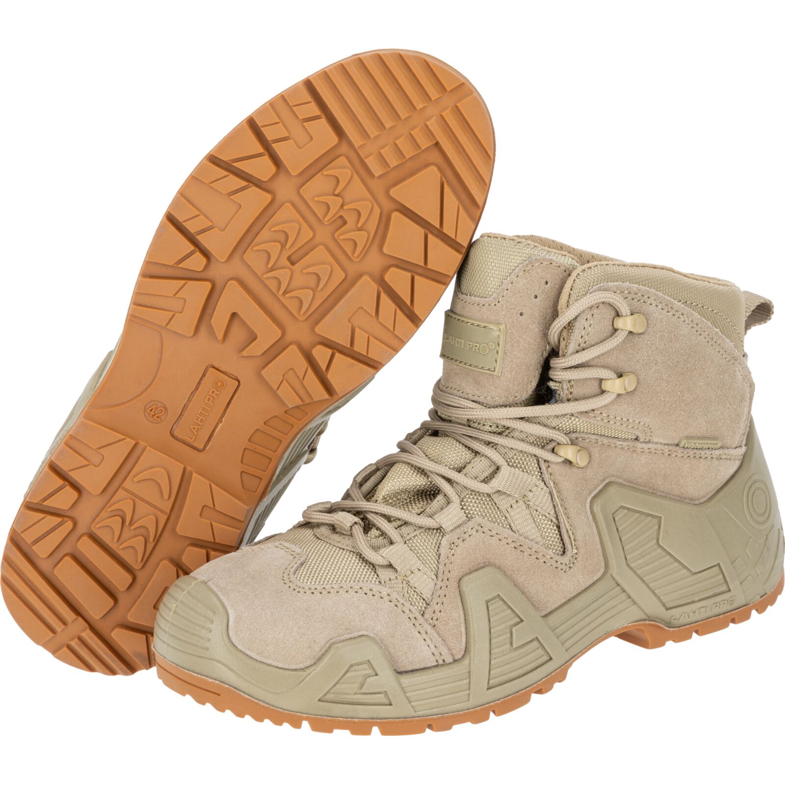 Militärkängor i beige, slitstark mocka / oxford tyg, stötdämpning, vattentät, LAHTI