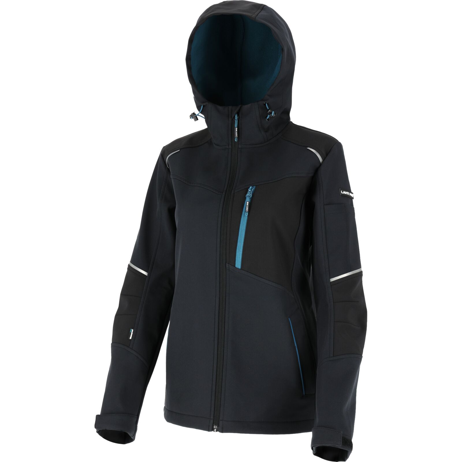 Ladies Softshell Jacket, Hood, Black-Turquoise CE, LAHTI