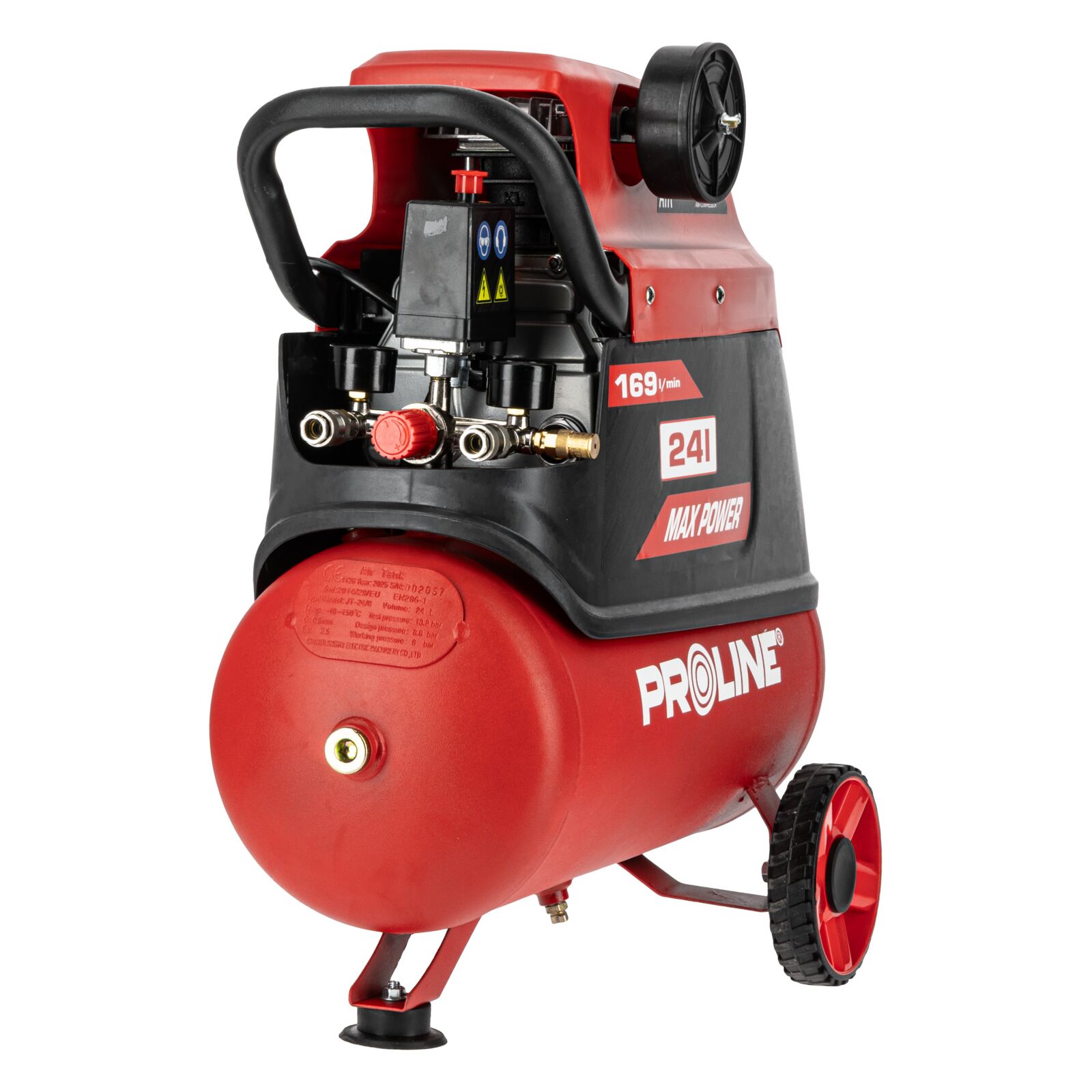 Oljesmord Kompressor 24L, 169 l/min, 8 bar, 1500W, 2850 RPM, 20 kg, 3-lagers Stål, Proline