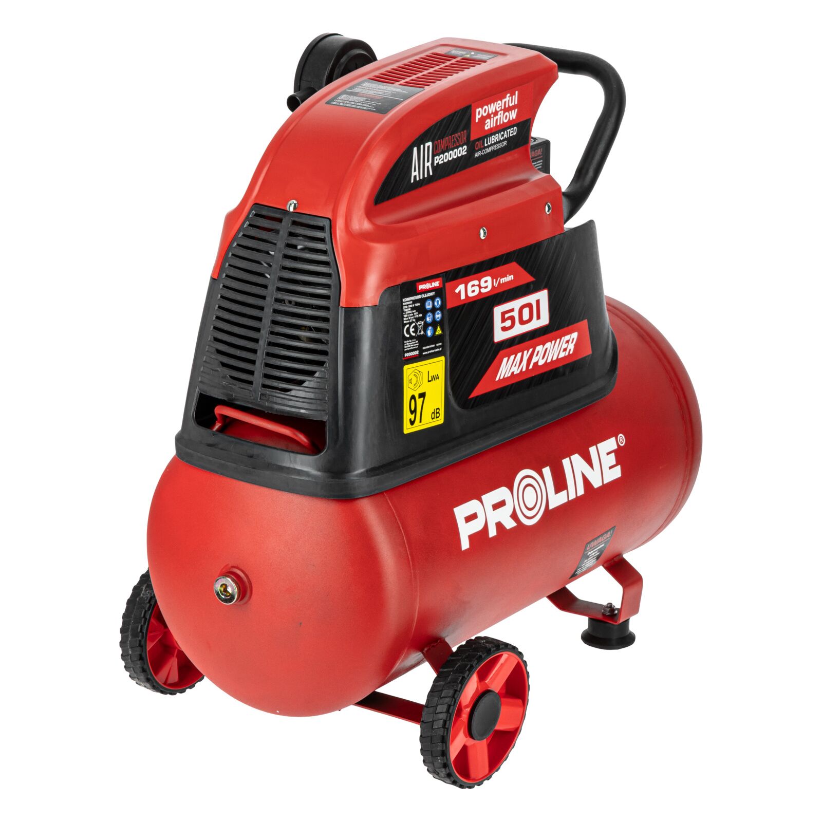 Oil-Lubricated Compressor 50L, 169 l/min, 8 bar, 1500W, 26 kg, Proline