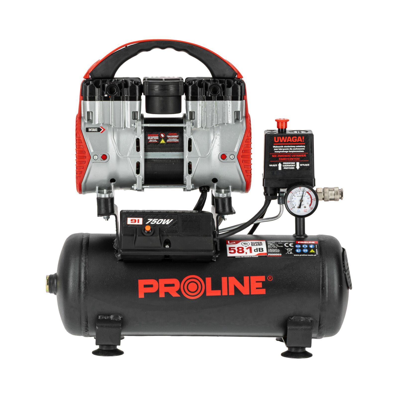Olje-fri Kompressor 9L, 750W, 8BAR, 167L/MIN, 58.1 dB, 15 kg, 3-lagers Stål, Proline