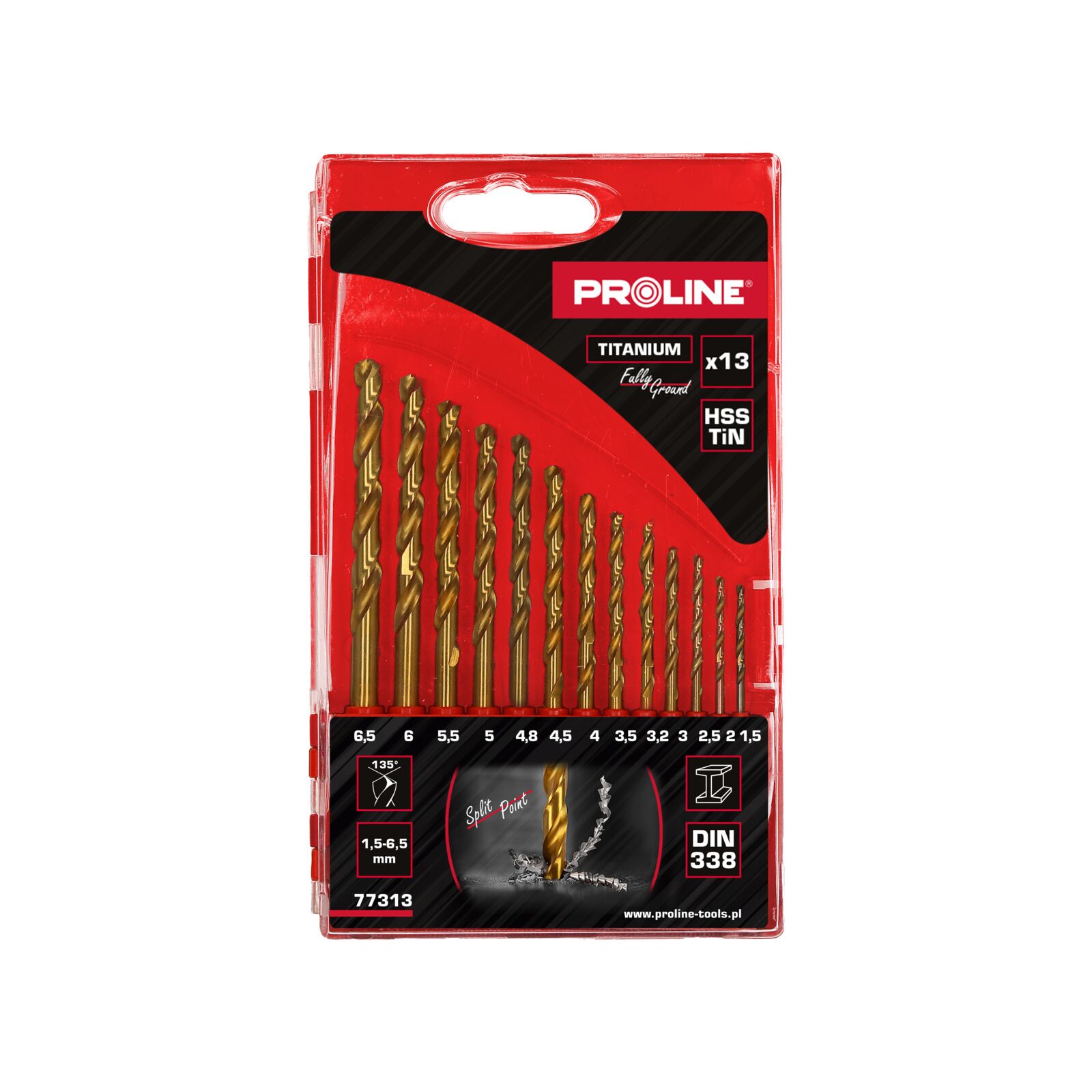 13-Piece HSSTiN Twist Drill set, DIN 338 (1.5-6.5 mm), Proline
