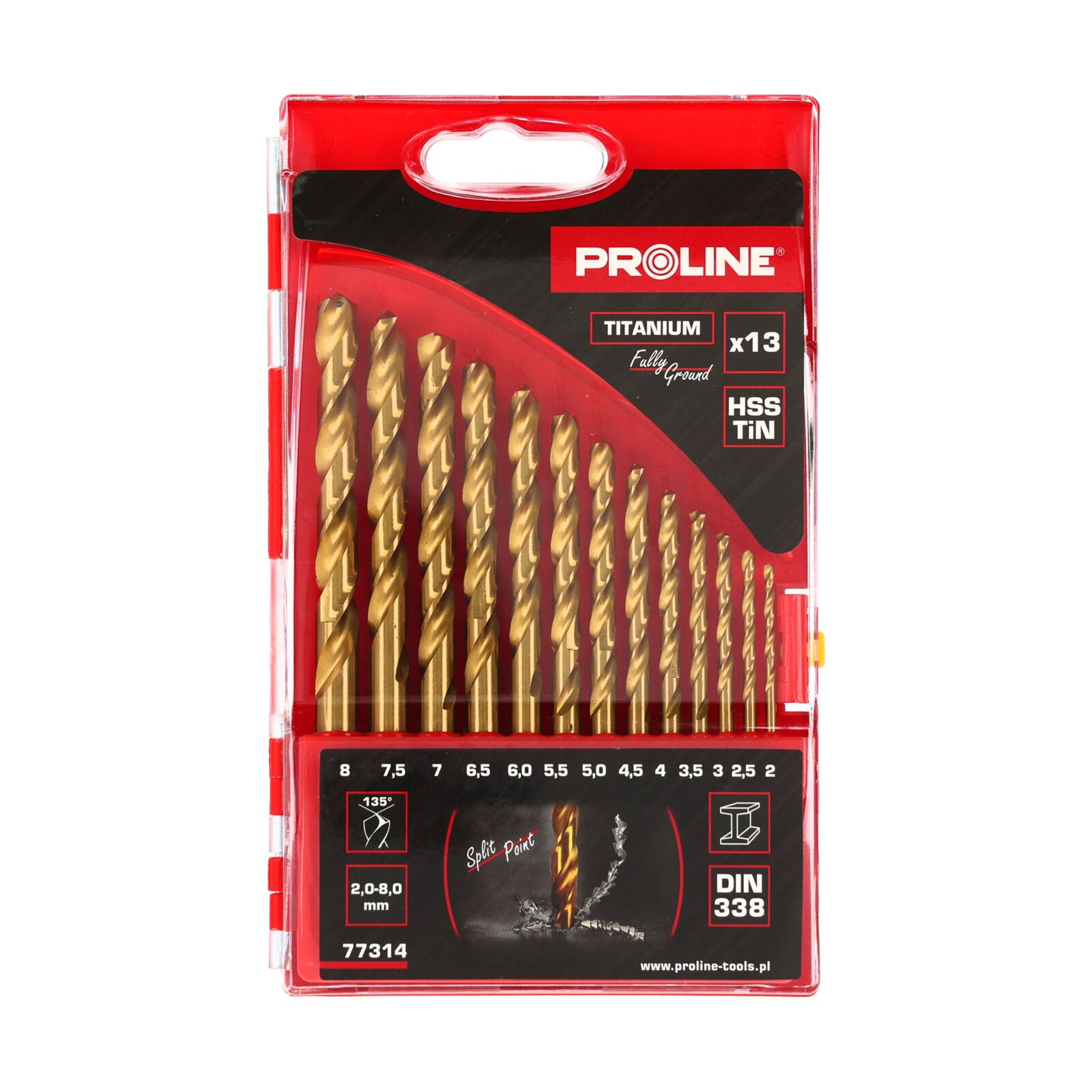 13 Delar, HSSTiN Spiralborr, DIN338 (2-8 mm), Proline