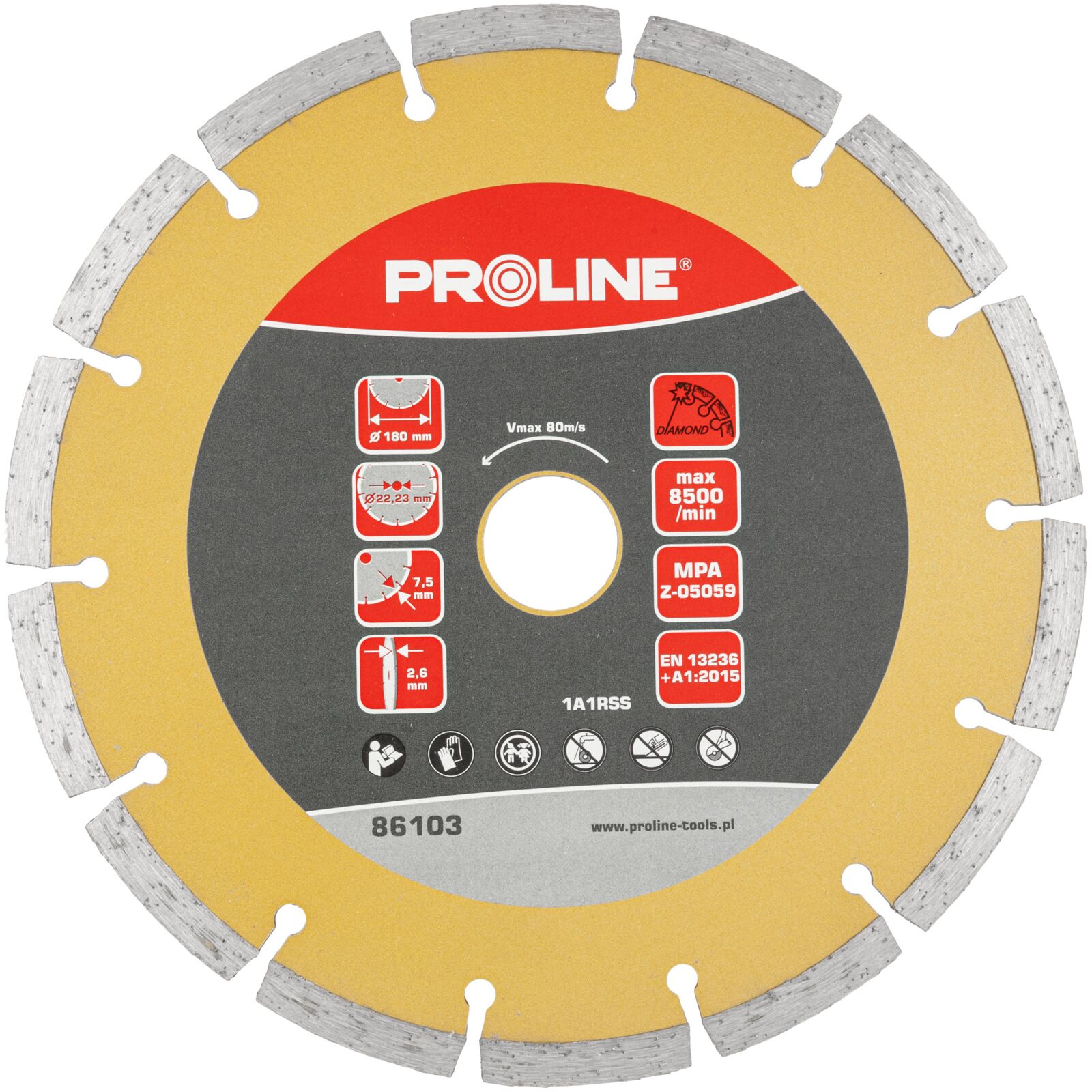 Segmenterad Diamantskiva 180 mm, Tjocklek 2.6 mm, Hål 22.23 mm, Proline