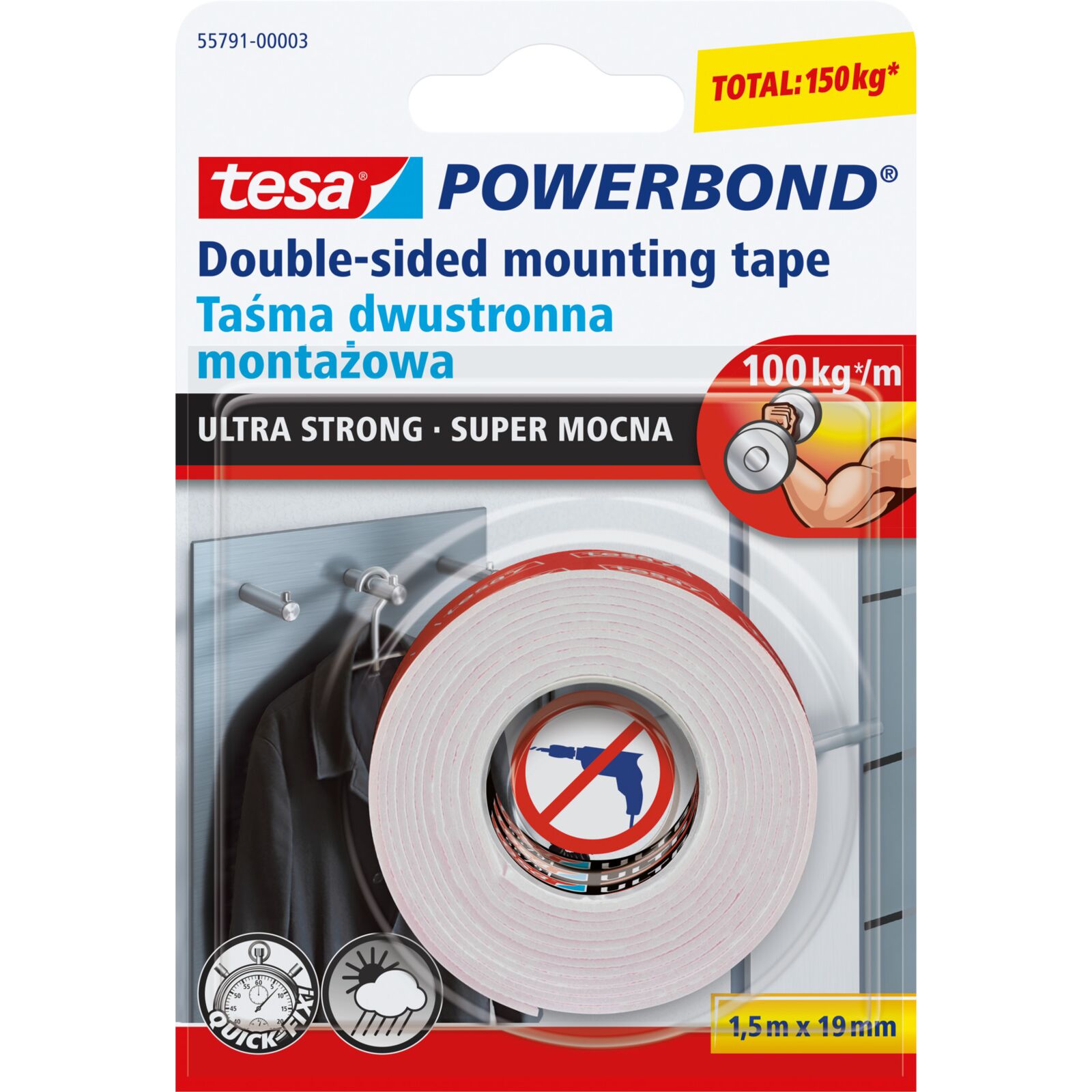 Monteringstejp, extra stark POWERBOND 1, 5m:19 mm, Tesa