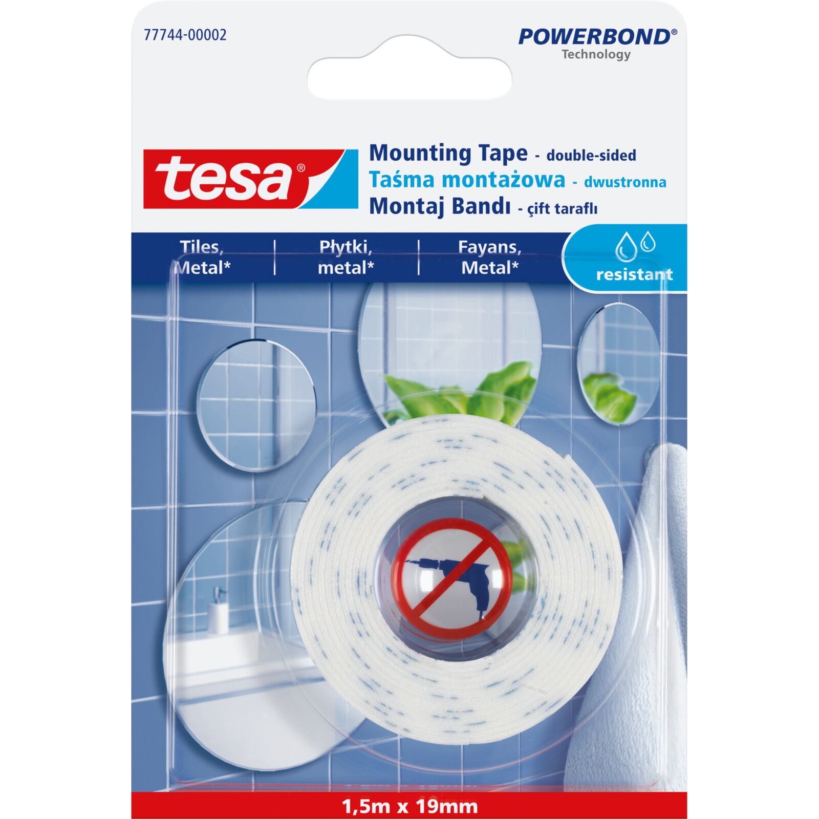 Monteringstejp 1,5 m x 19 mm vattenfast | Tesa