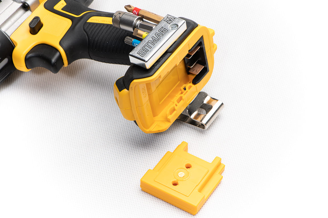 StealthMounts tool mounts for DeWalt XR 18V 4 pack in yellow ABS