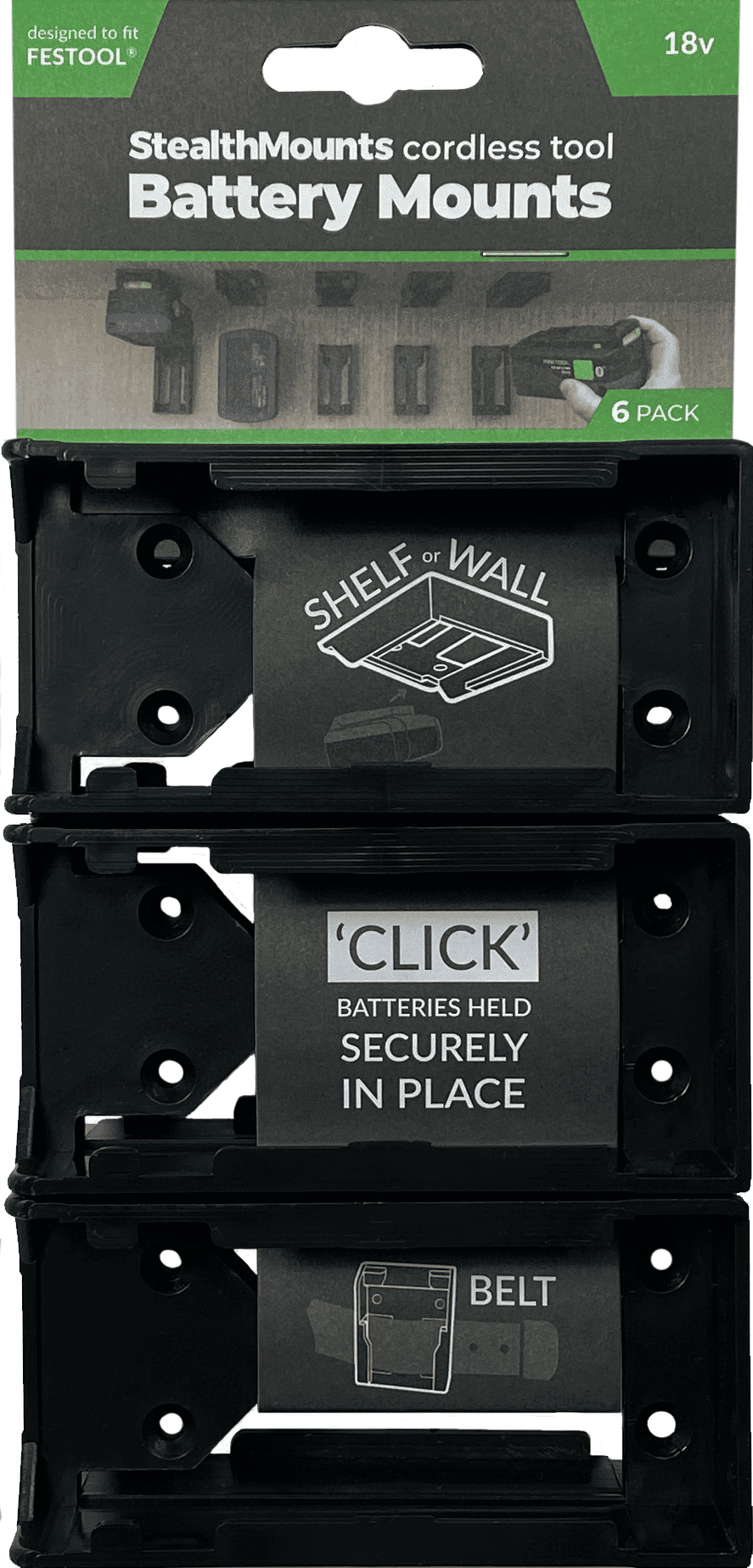 StealthMounts batterifÃ¤sten fÃ¶r Festool 18V i svart och grÃ¶n ABS, 6-pack