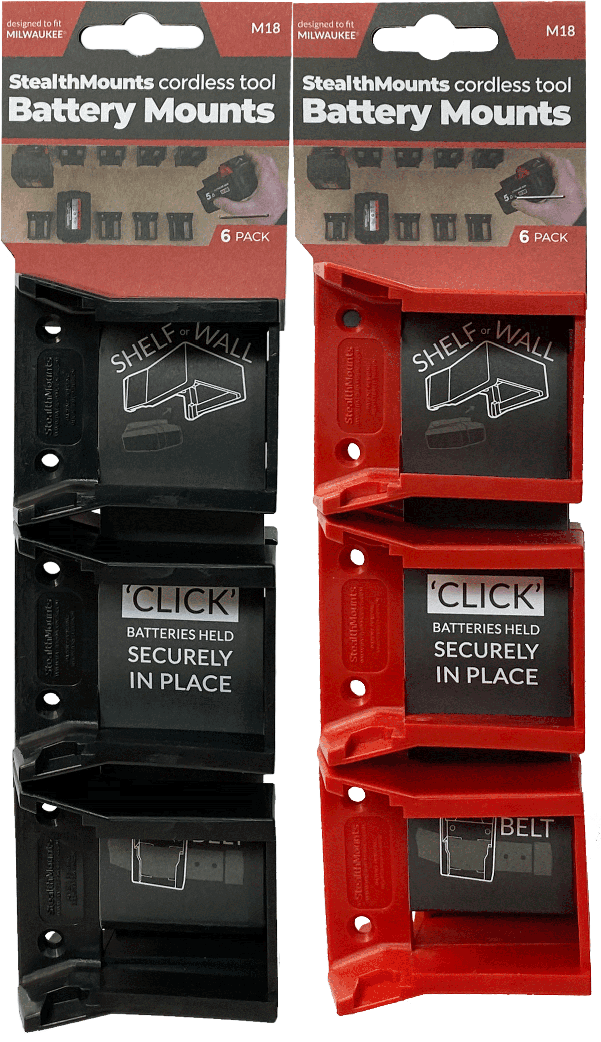 StealthMounts battery mounts for Milwaukee M18 6 pack in red ABS