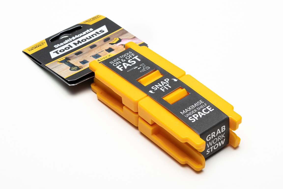 StealthMounts tool mounts for DeWalt XR 18V 4 pack in yellow ABS