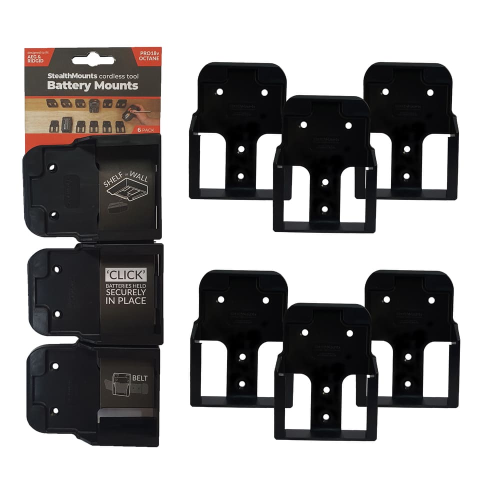 Batterifästen 6-pack för Ridgid AEG 18V ABS Väggmontage Svart, StealthMounts
