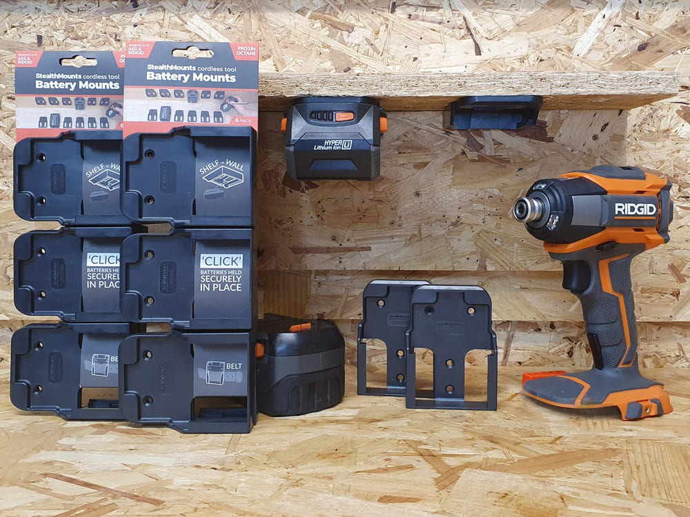 Batterifästen 6-pack för Ridgid AEG 18V ABS Väggmontage Svart, StealthMounts