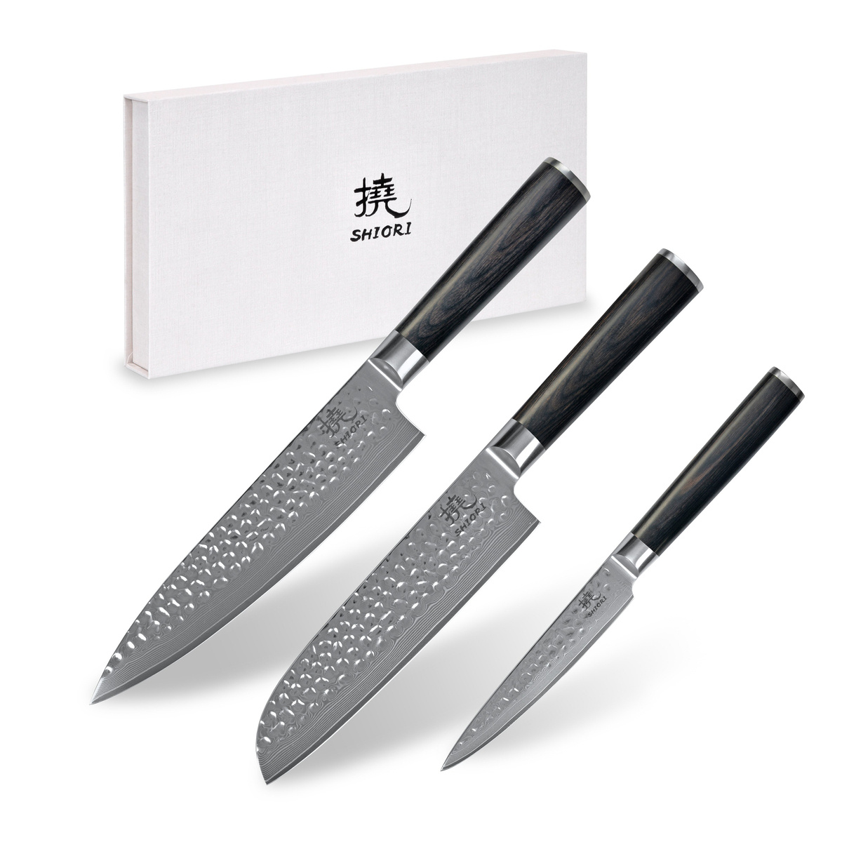 SHIORI 3-Set 撓 Kuri Murō + Santoku + Sifu - set med tre japanska knivar av Damaskusstål