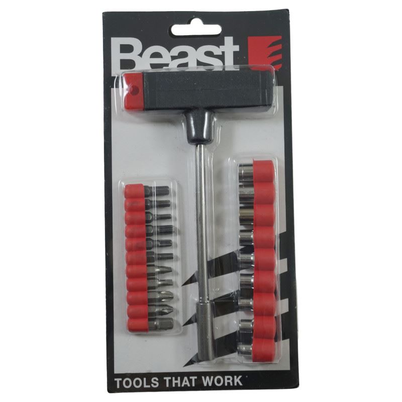 T-Handle Kit with 9 Sockets and 10 Bits, Hardened Steel