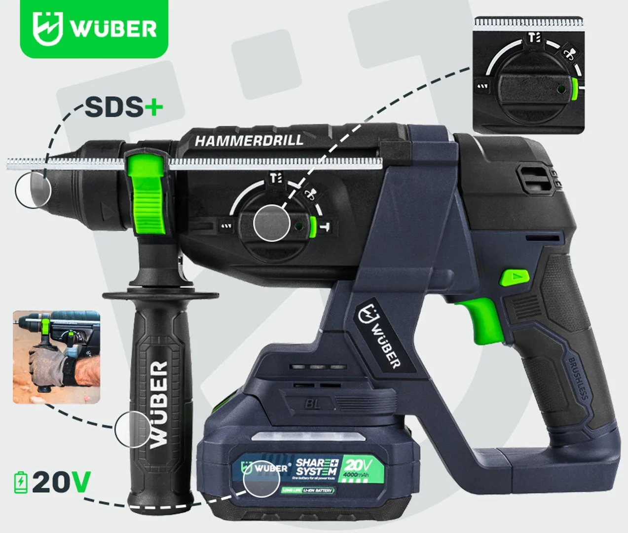 Borrhammare SDS-plus 20 V 2 J med batteri