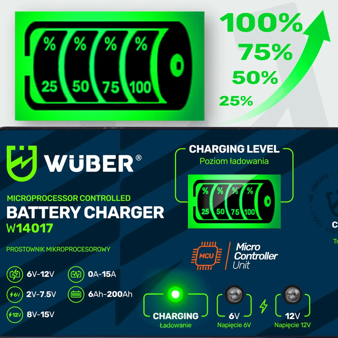 Battery Charger 6/12 V 15 A, 6-200 Ah