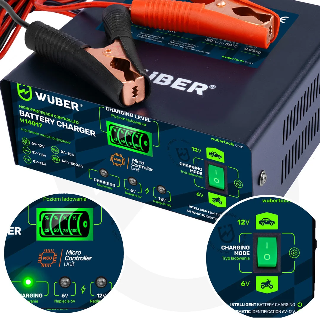 Battery Charger 6/12 V 15 A, 6-200 Ah