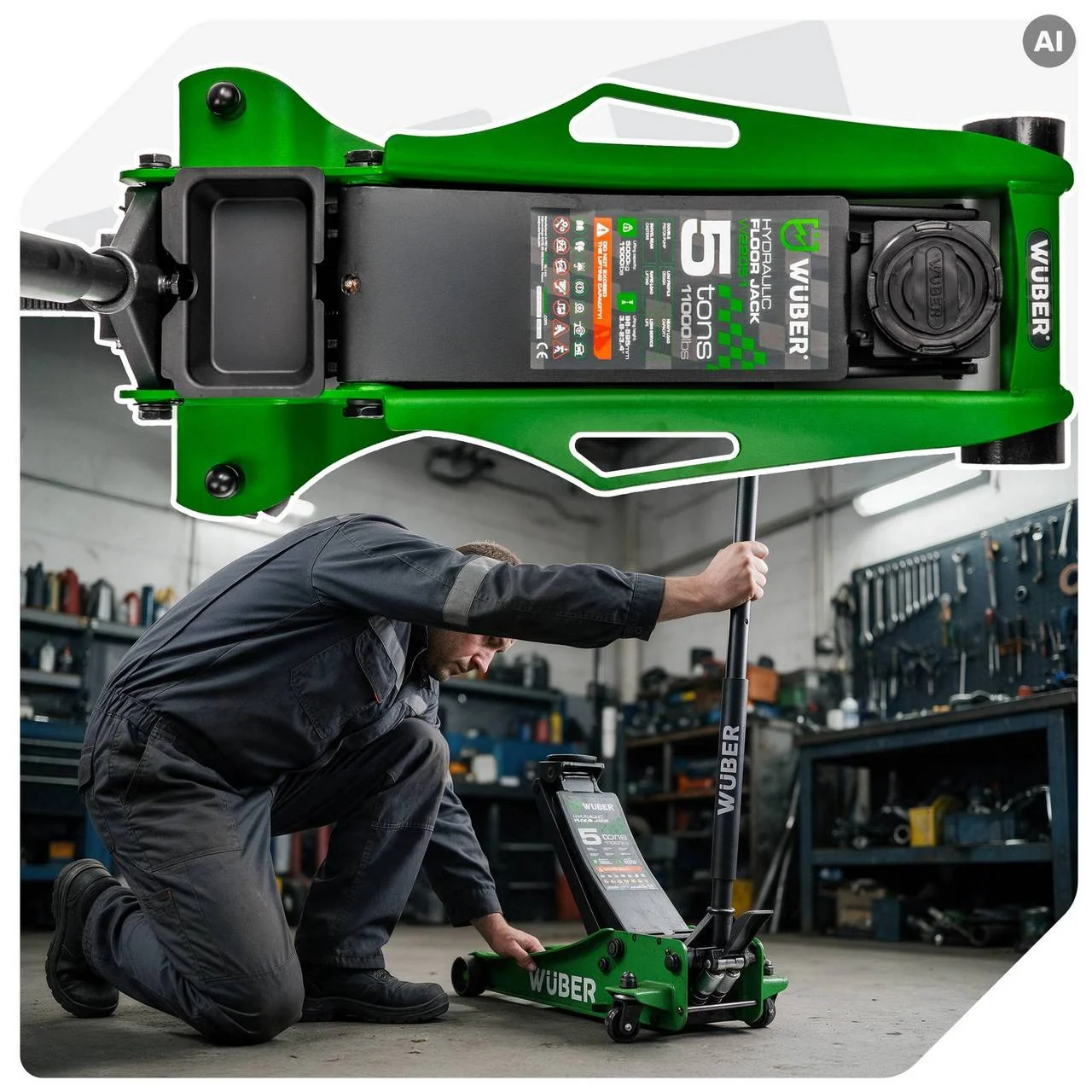 Low profile garage jack 5 t, 96–595 mm