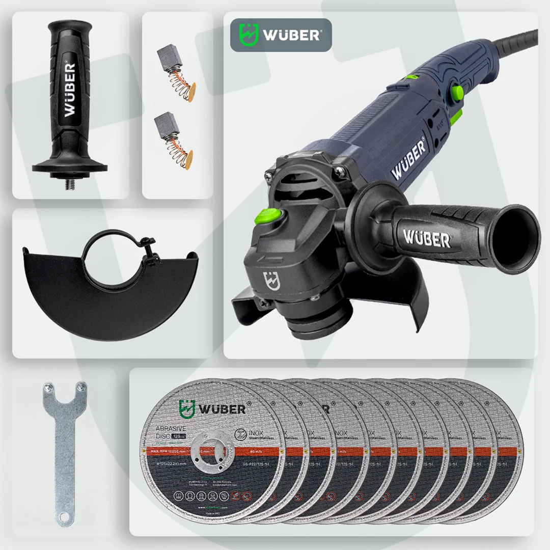 Angle Grinder 1200 W 125 mm, Variable Speed + 10 Discs
