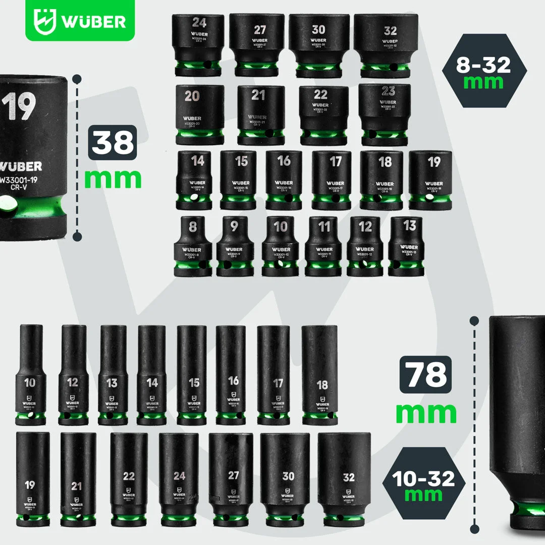 Slaghylssats 1/2" sexkant 8-32 mm, 35 delar