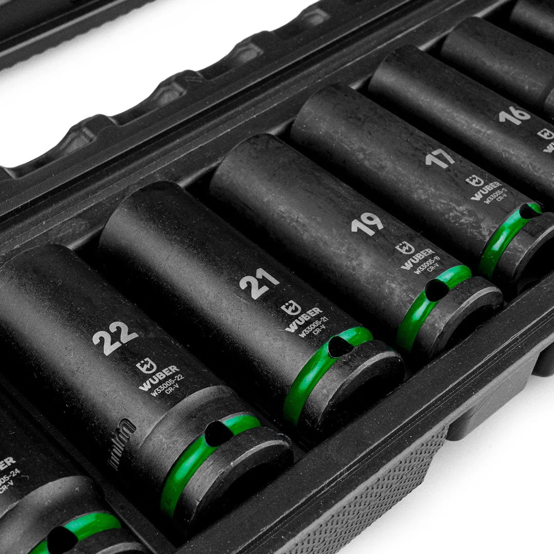 Impact socket set 1/2" deep 10-32 mm