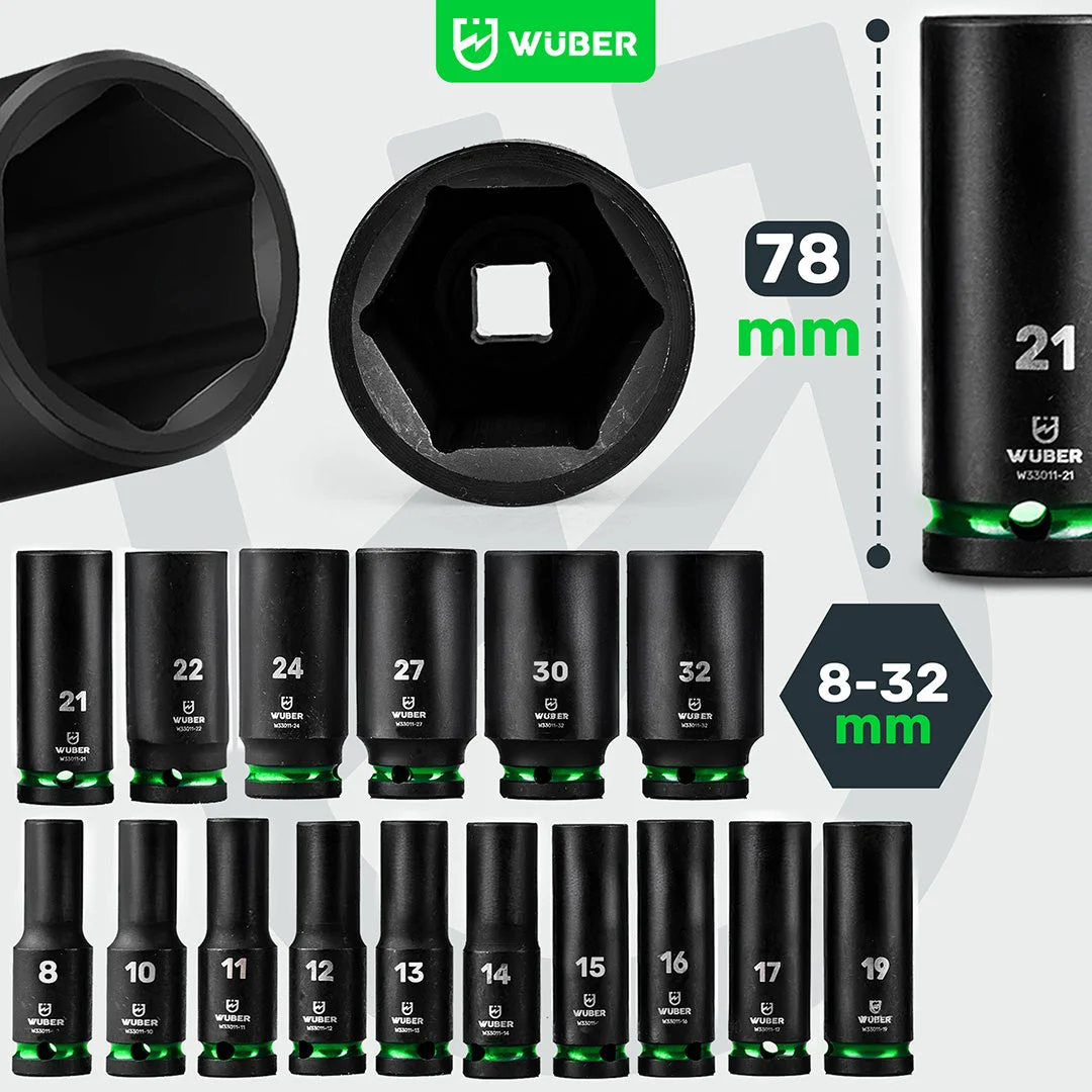 Deep impact socket set 1/2" 8-32 mm