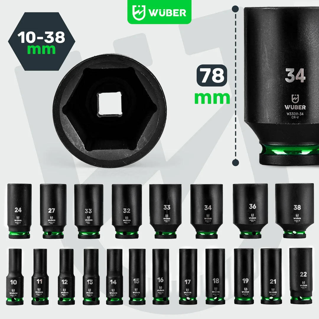 Slaghylssats 1/2" långa hylsor 10-38 mm